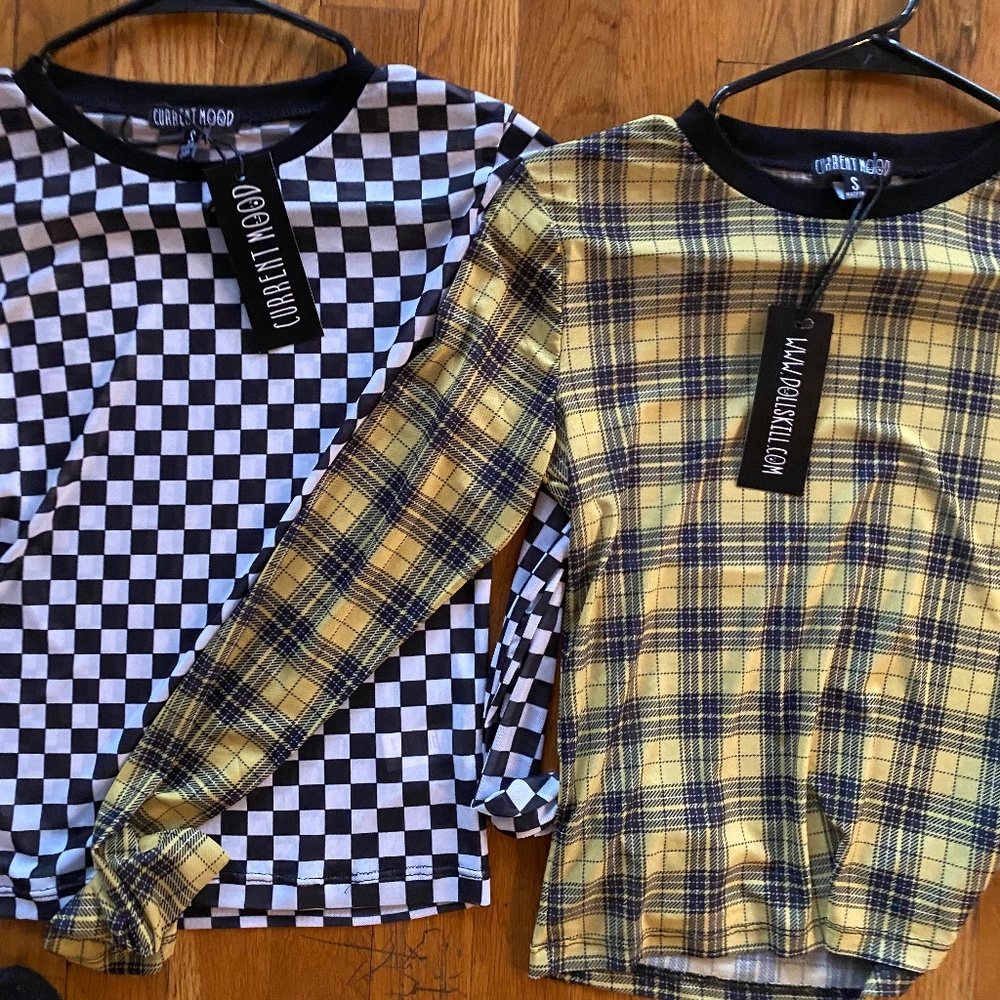 NWT Current Mood Sheer Yellow & Black plaid top with thumb holes SM dolls kill